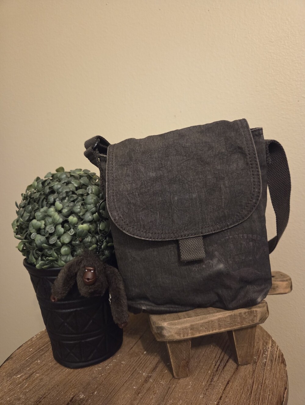 KIPLING‎ Grey Waxed Canvas Signature Monkey Charm Crossbody Flap Bag Purse